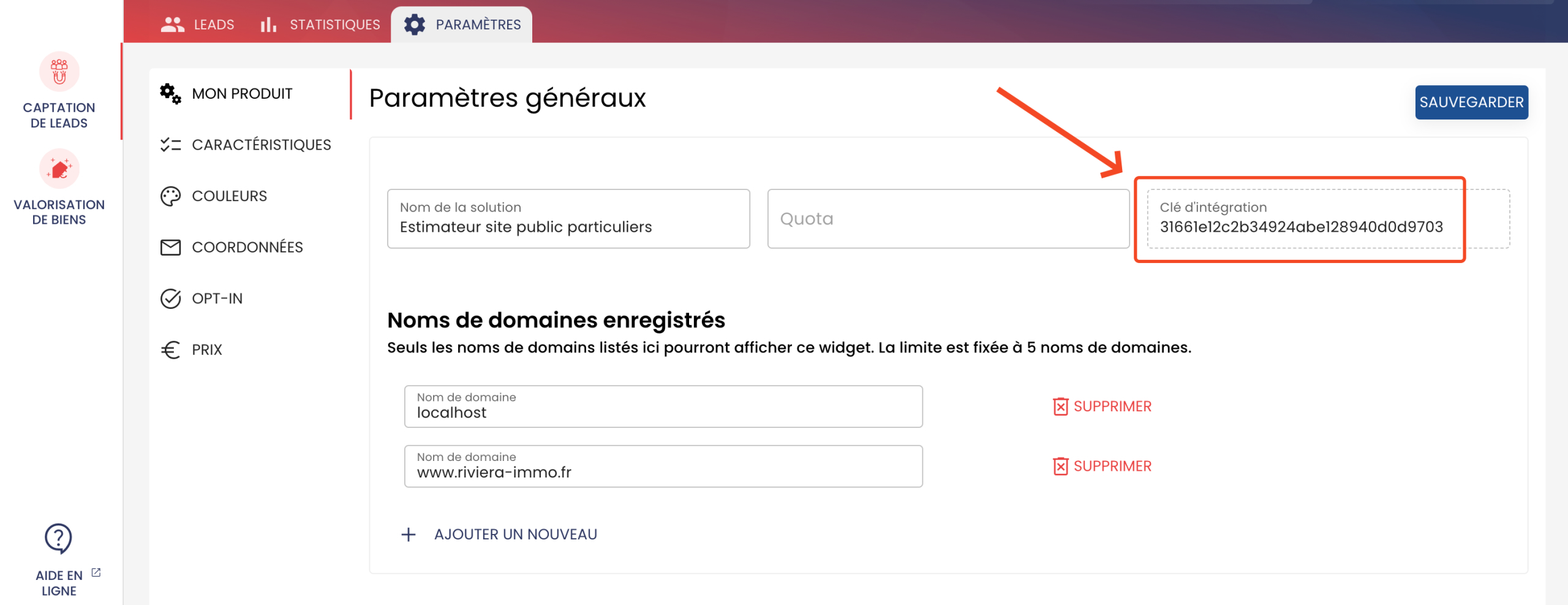 Récupération de la clé d'intégration