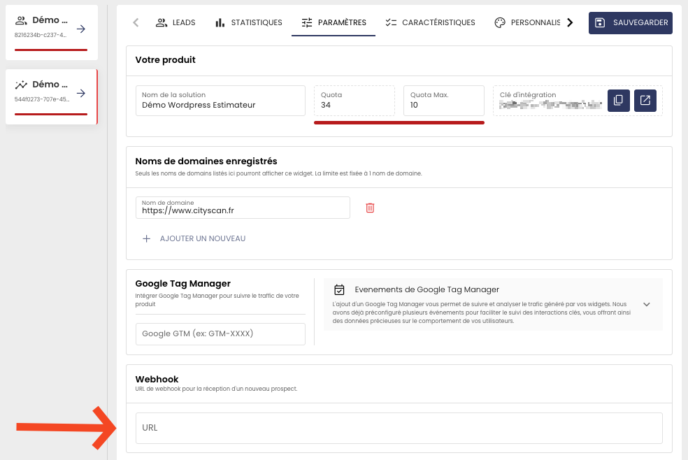 Renseignez le webhook de votre solution captation de leads