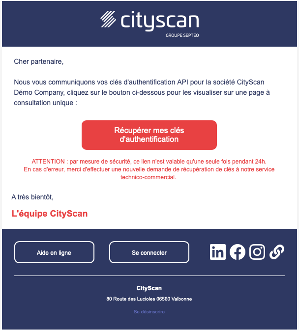 Mail d'envoi de clés APIs