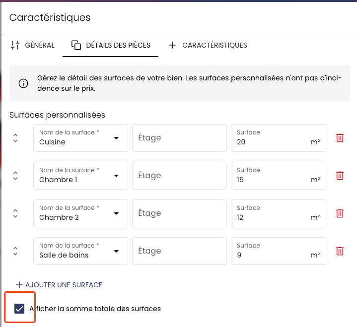 option afficher total surfaces